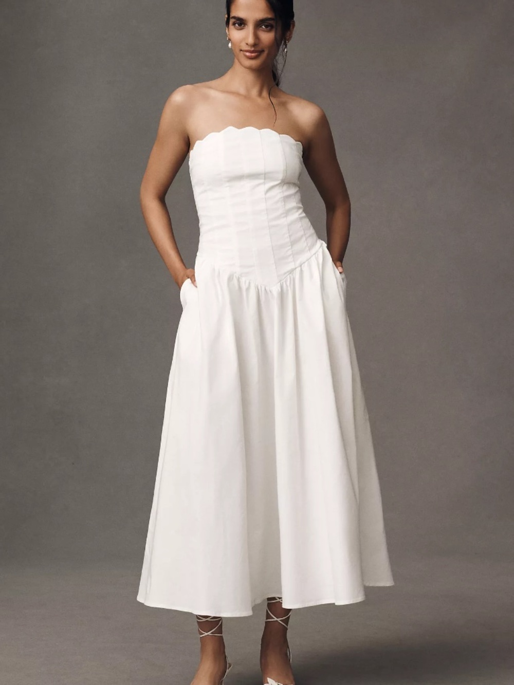 BHLDN Strapless Magic Fabric Basque-Waist Midi Dress, Size L, VGUC